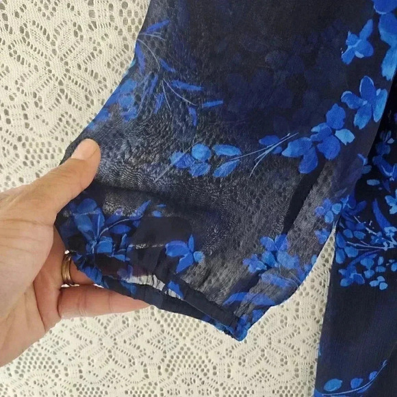 Express Black Blue Long Sleeve Floral Printed Button Up Chiffon Shirt Dress M - Picture 4 of 9